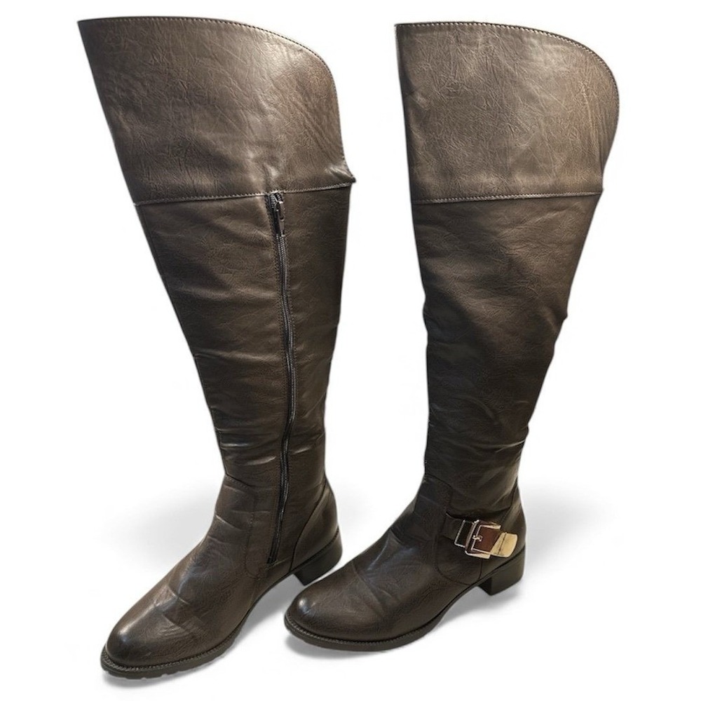 Sbicca Sarita Brown Over The Knee Boots Faux Leather Buckle Lug Sole Womens 8M